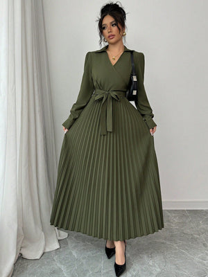 1pc Women's Solid Color Front - Tie Long Sleeve Casual Long Dress Maxi Women Outfit - Negative Apparel