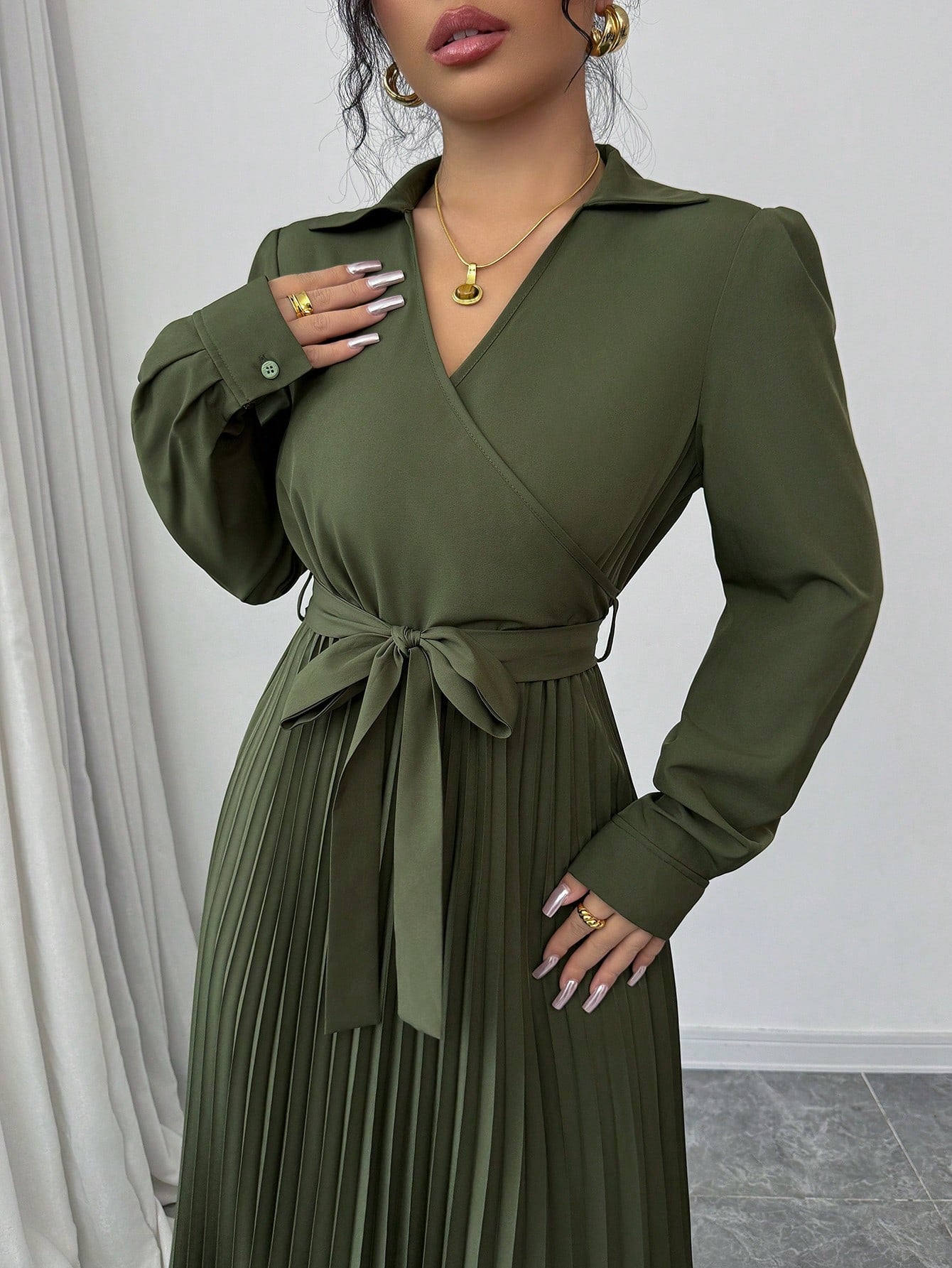 1pc Women's Solid Color Front - Tie Long Sleeve Casual Long Dress Maxi Women Outfit - Negative Apparel