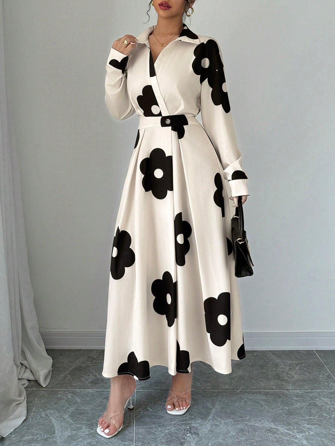 1set Long Sleeve Waist Cinching Print Dress + Abstract Print Scarf Maxi Women Outfit - Negative Apparel