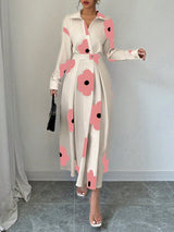 1set Long Sleeve Waist Cinching Print Dress + Abstract Print Scarf Maxi Women Outfit - Negative Apparel