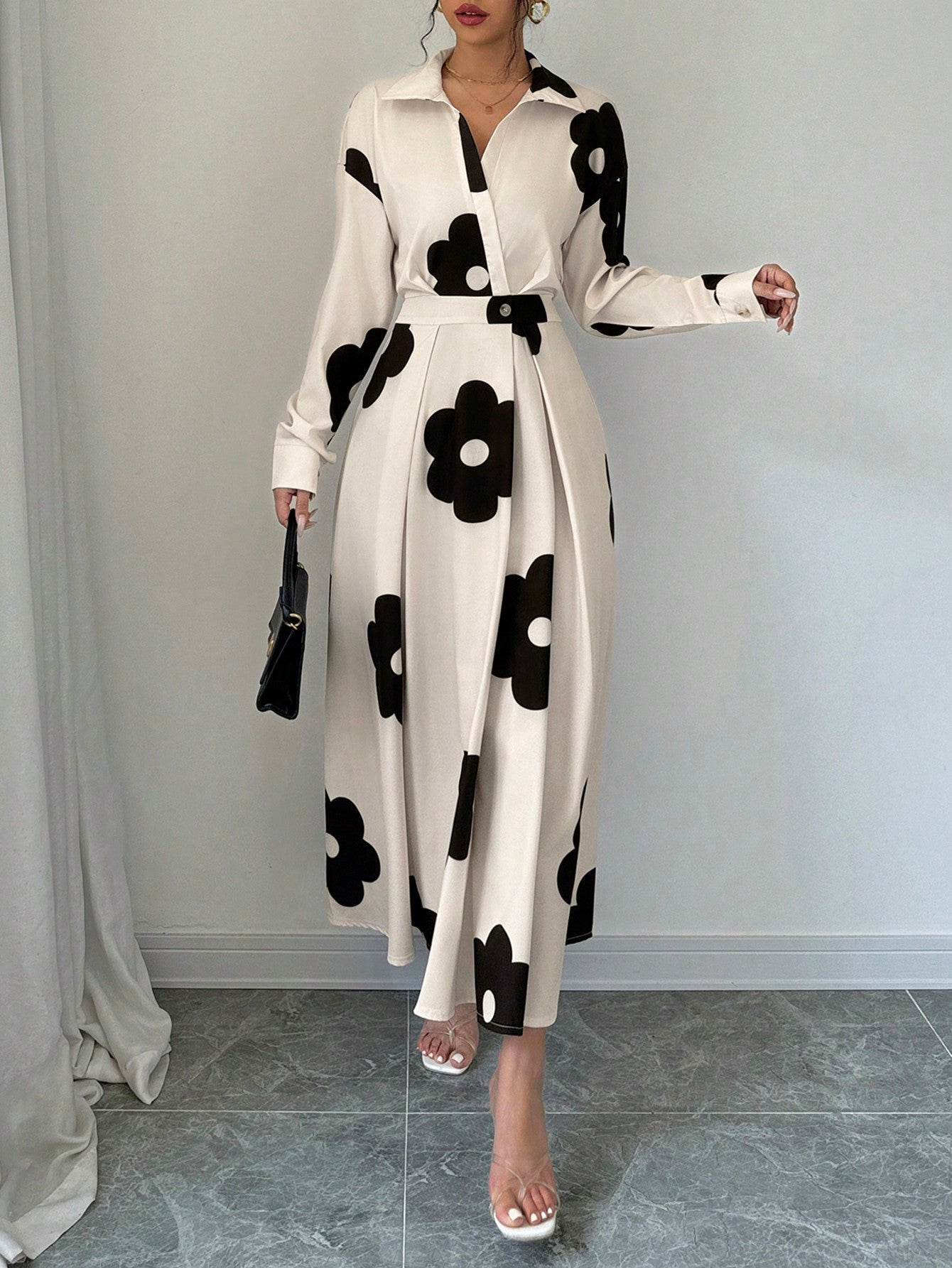 1set Long Sleeve Waist Cinching Print Dress + Abstract Print Scarf Maxi Women Outfit - Negative Apparel