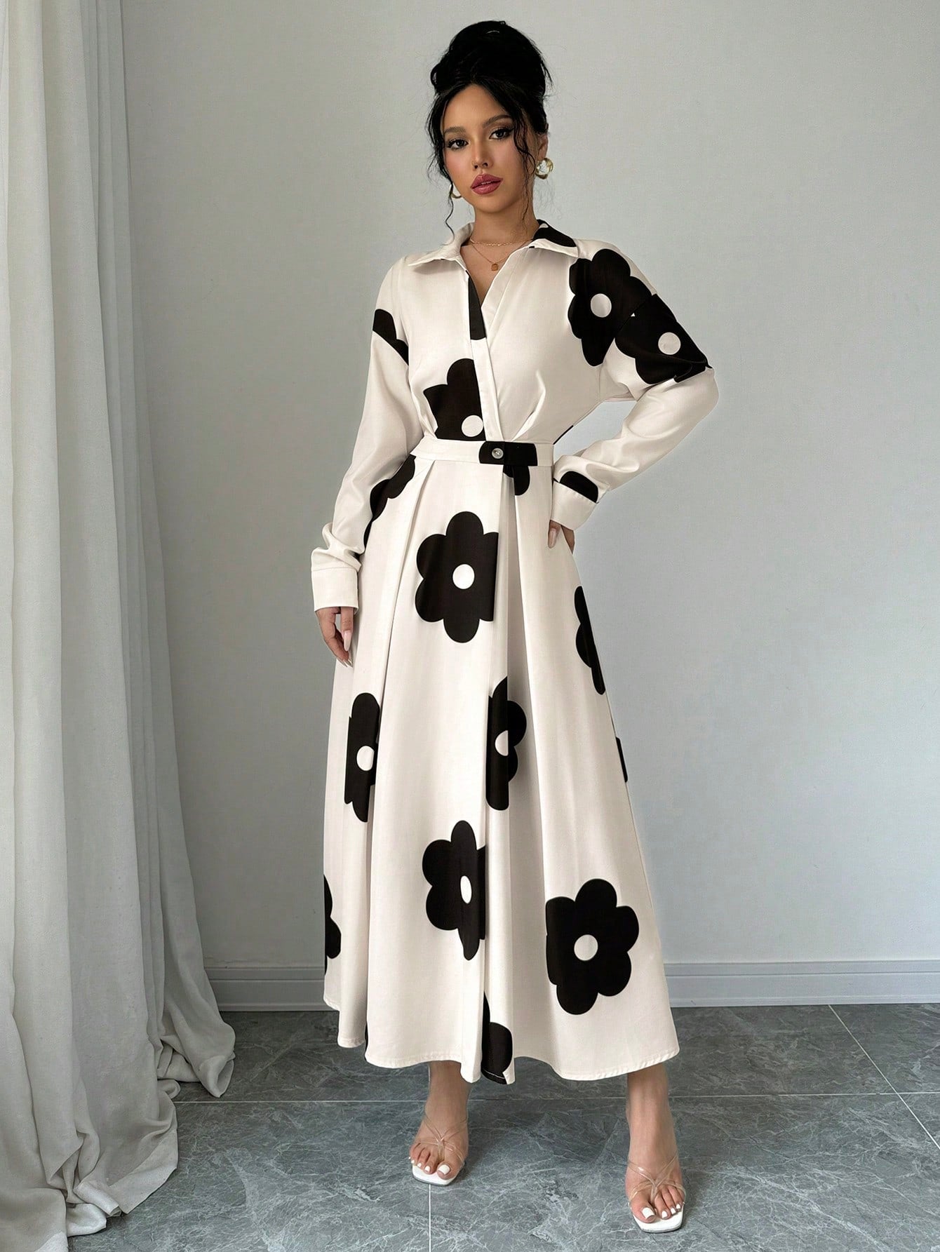 1set Long Sleeve Waist Cinching Print Dress + Abstract Print Scarf Maxi Women Outfit - Negative Apparel