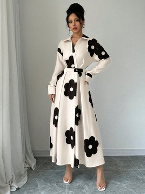 1set Long Sleeve Waist Cinching Print Dress + Abstract Print Scarf Maxi Women Outfit - Negative Apparel