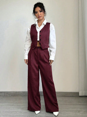 1set Women Casual Striped Vest + Women Casual Suit Pants - Negative Apparel