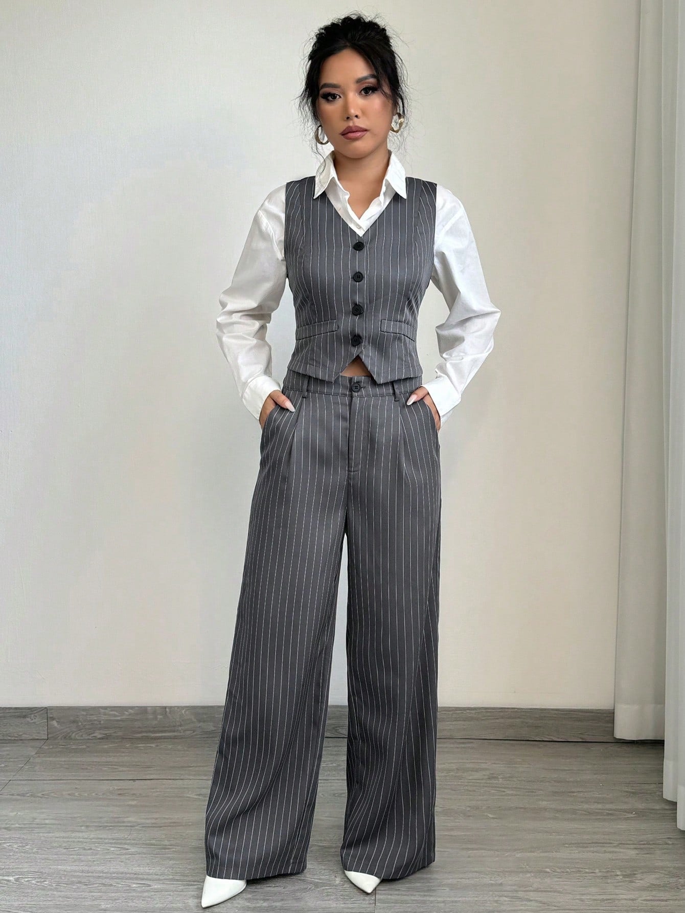 1set Women Casual Striped Vest + Women Casual Suit Pants - Negative Apparel