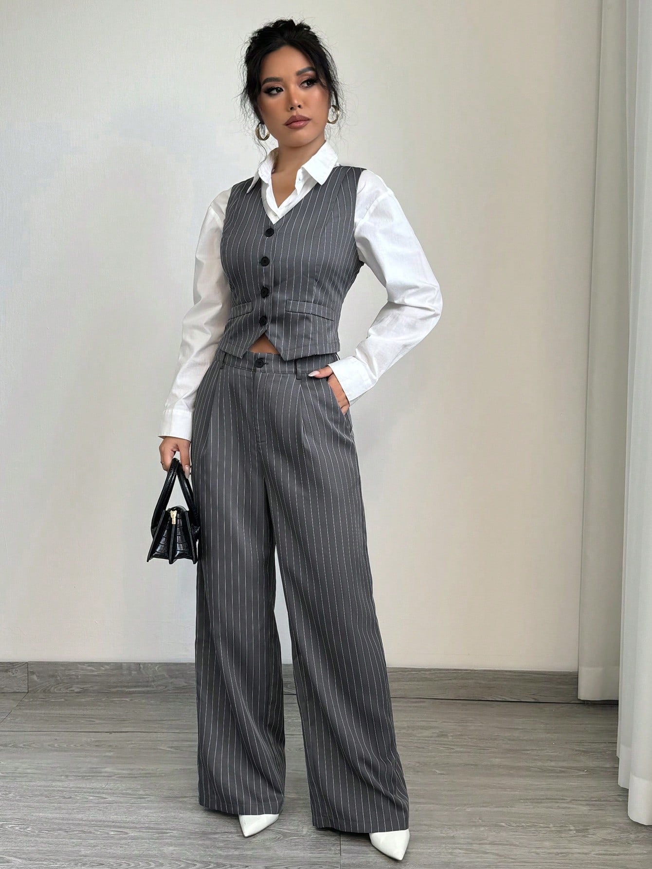 1set Women Casual Striped Vest + Women Casual Suit Pants - Negative Apparel