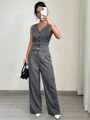 1set Women Casual Striped Vest + Women Casual Suit Pants - Negative Apparel