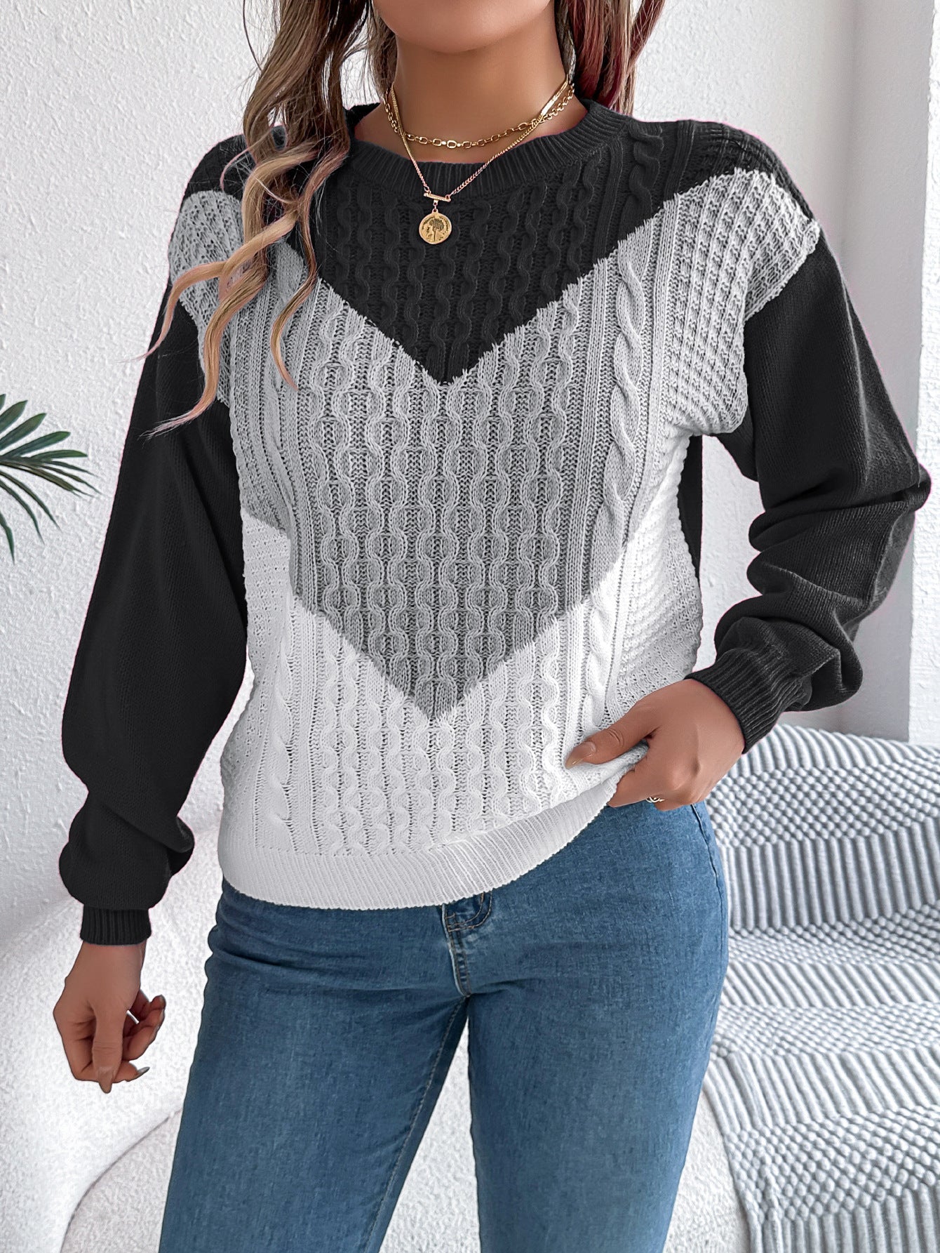 2 color matching twisted lantern sleeve pullover sweater - Negative Apparel