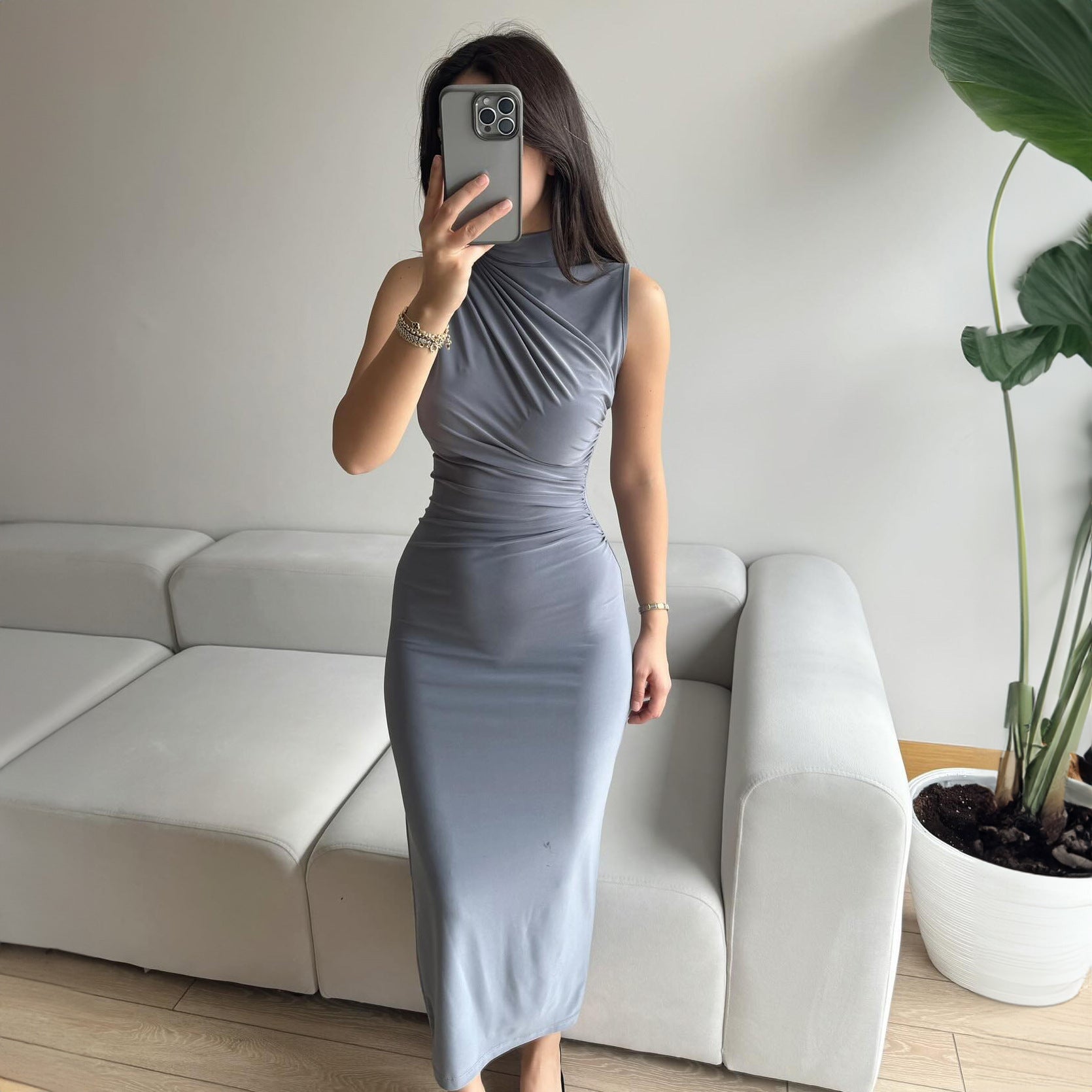 2024 new style solid color slit high waist slim sexy sleeveless long women's dress - Negative Apparel