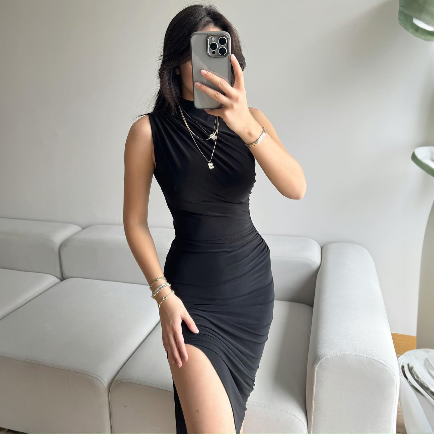 2024 new style solid color slit high waist slim sexy sleeveless long women's dress - Negative Apparel