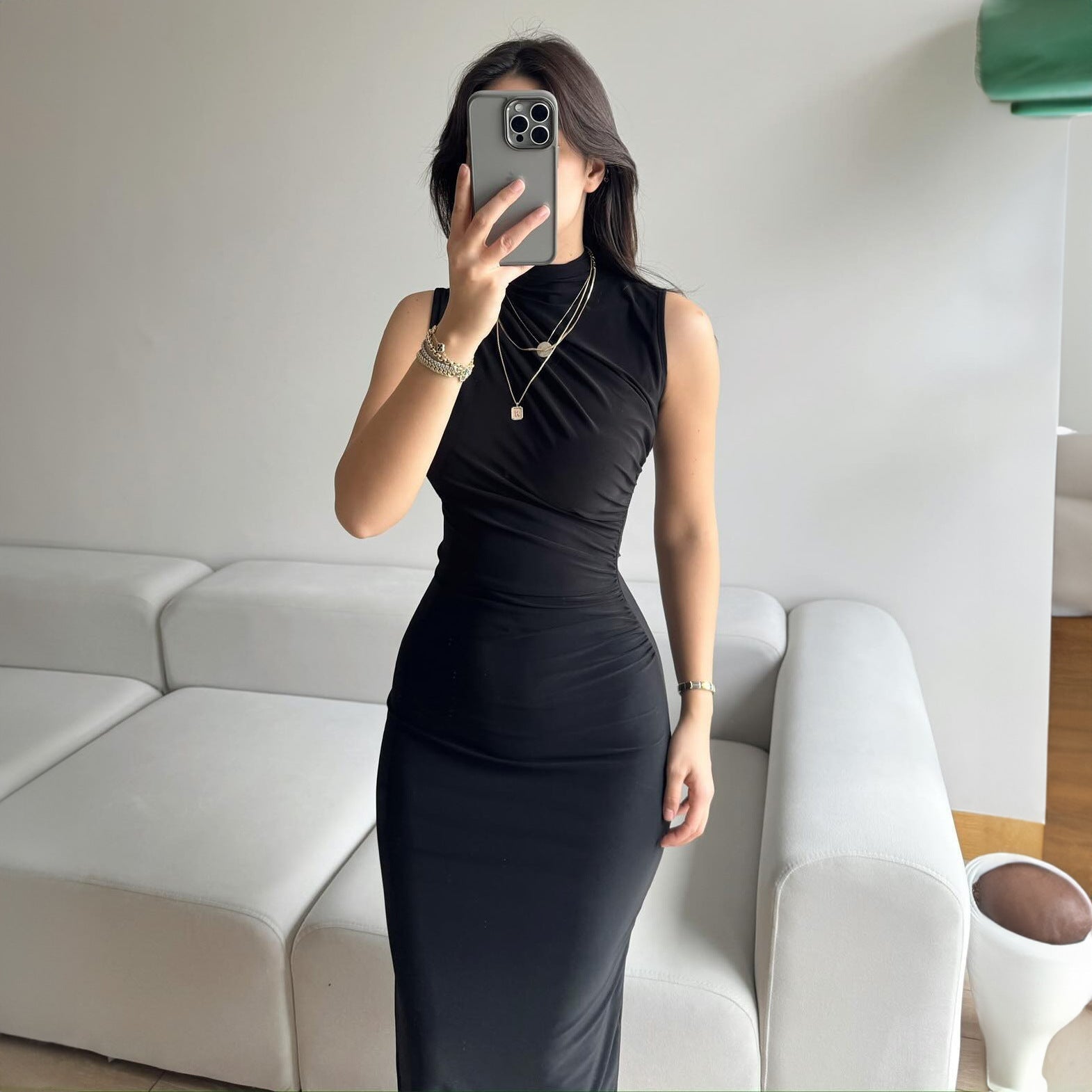 2024 new style solid color slit high waist slim sexy sleeveless long women's dress - Negative Apparel