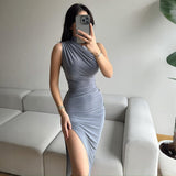 2024 new style solid color slit high waist slim sexy sleeveless long women's dress - Negative Apparel