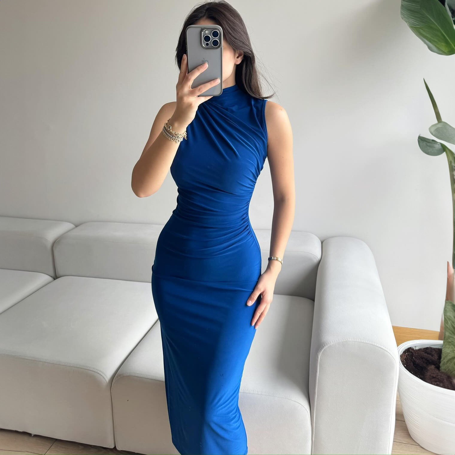 2024 new style solid color slit high waist slim sexy sleeveless long women's dress - Negative Apparel