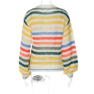 2024 winter color striped contrast sweater women's loose pullover sweater - Negative Apparel