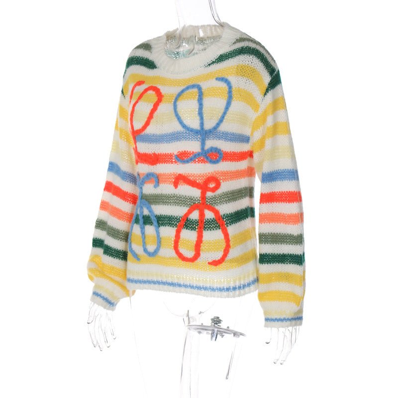 2024 winter color striped contrast sweater women's loose pullover