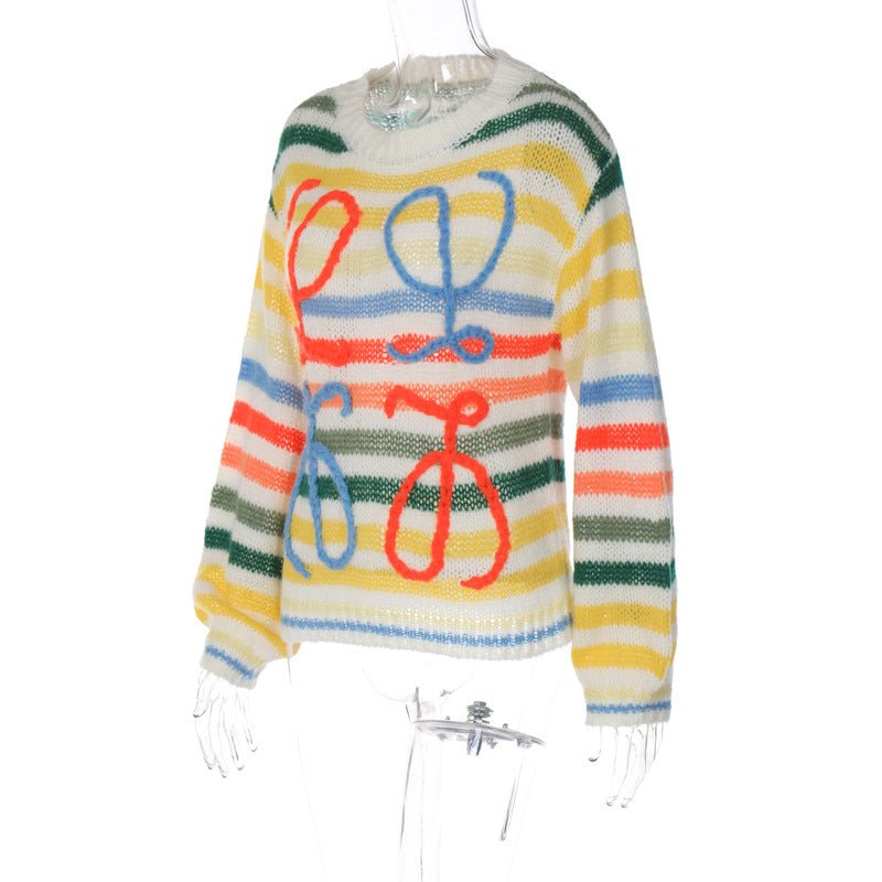 2024 winter color striped contrast sweater women's loose pullover sweater - Negative Apparel