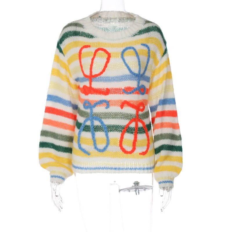 2024 winter color striped contrast sweater women's loose pullover sweater - Negative Apparel