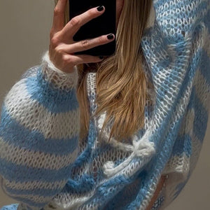 2024 winter color striped contrast sweater women's loose pullover sweater - Negative Apparel