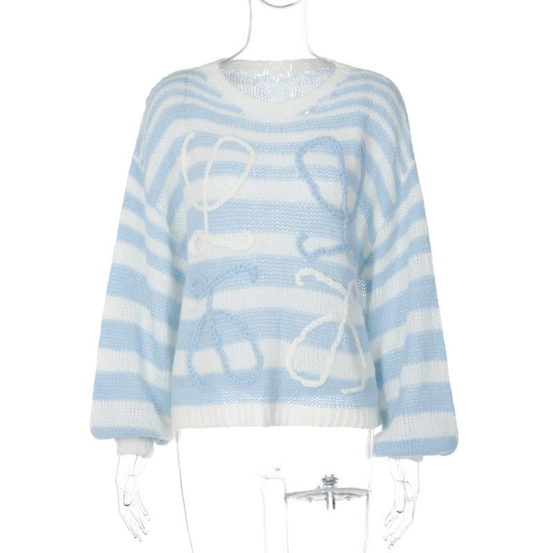 2024 winter color striped contrast sweater women's loose pullover sweater - Negative Apparel