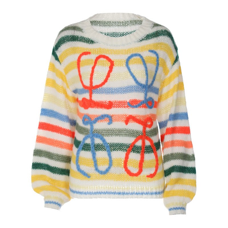 2024 winter color striped contrast sweater women's loose pullover sweater - Negative Apparel