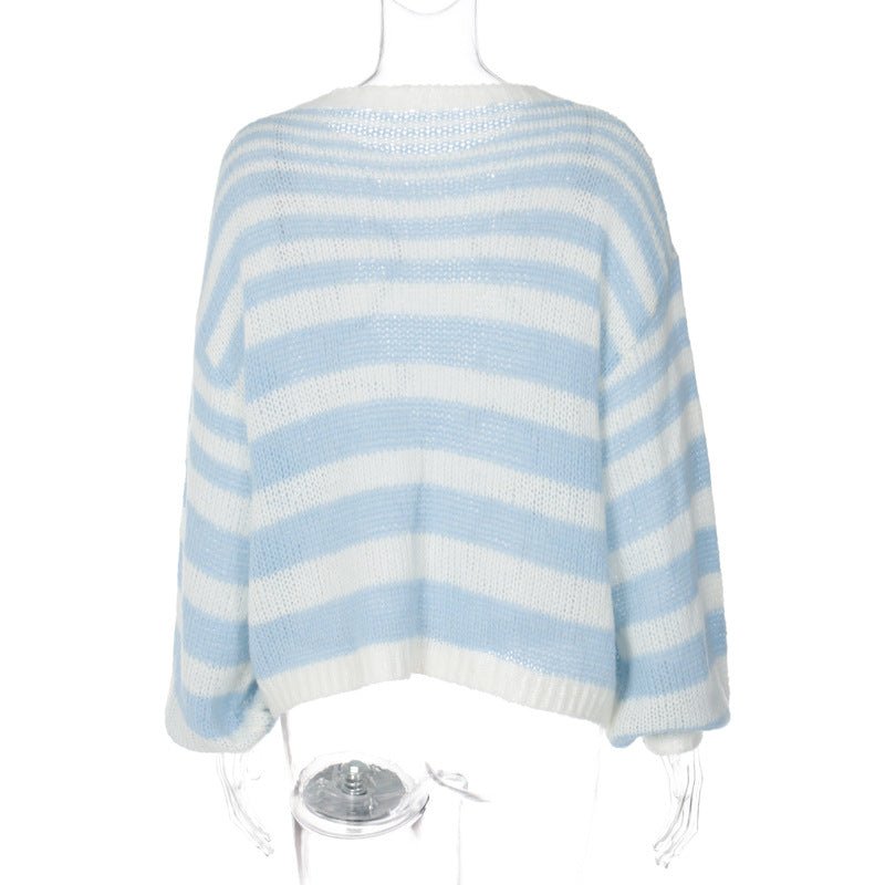 2024 winter color striped contrast sweater women's loose pullover sweater - Negative Apparel