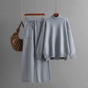 2024 winter knitted coords for women thickened loose sweaters half turtleneck long sleeves two - piece set - Negative Apparel