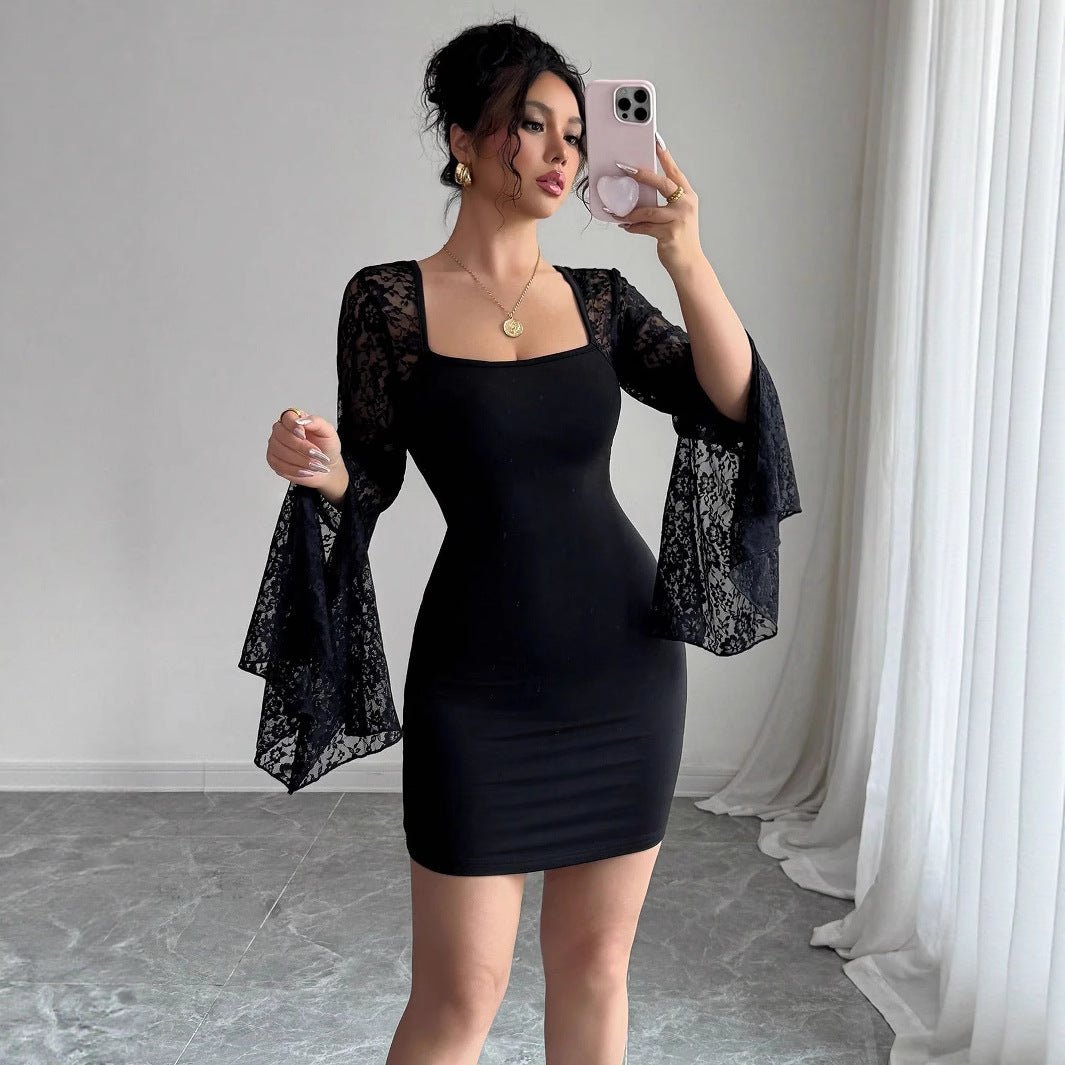 2025 autumn new horn sleeve split end solid color lace splicing square neck hip wrap dress - Negative Apparel