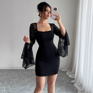 2025 autumn new horn sleeve split end solid color lace splicing square neck hip wrap dress - Negative Apparel