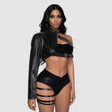 2025 black punk shoulder PU leather lingerie jacket rock dance versatile irregular lingerie jacket - Negative Apparel
