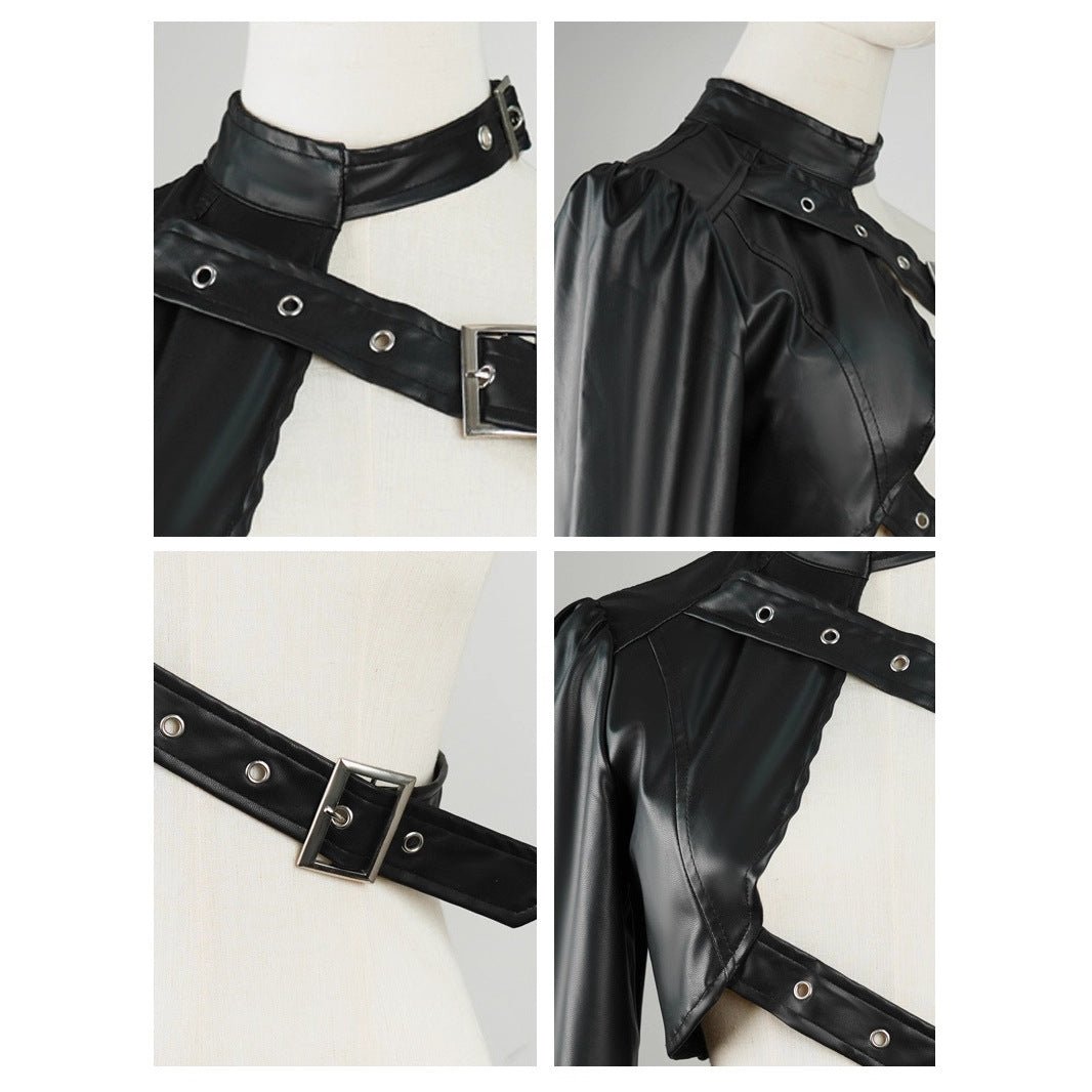 2025 black punk shoulder PU leather lingerie jacket rock dance versatile irregular lingerie jacket - Negative Apparel