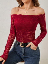2025 elegant fan - shaped collar edge one - shoulder lace slim fit T-shirt long - sleeved top - Negative Apparel