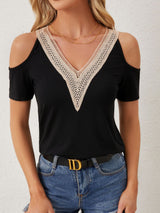 2025 elegant lace V - neck applique sleeves hollow short sleeves loose solid color T-shirt slim top - Negative Apparel
