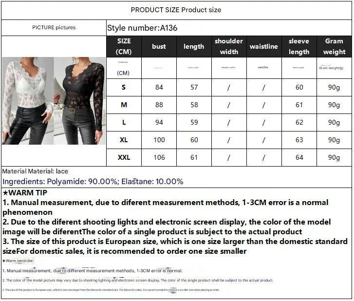 2025 elegant V - neck scalloped collar edge single - layer solid color lace long - sleeved T-shirt slim - fitting and thin top women - Negative Apparel