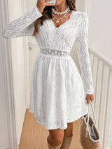 2025 elegant women's solid color lace patchwork mini holiday dress scallop edge sundress - Negative Apparel