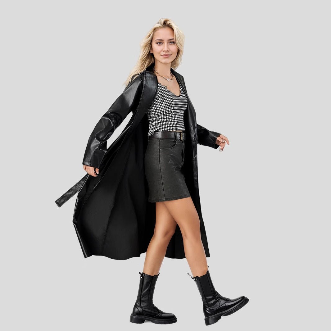 2025 extended trench coat spring and autumn anti - wrinkle fashion women's leather jacket - Negative Apparel