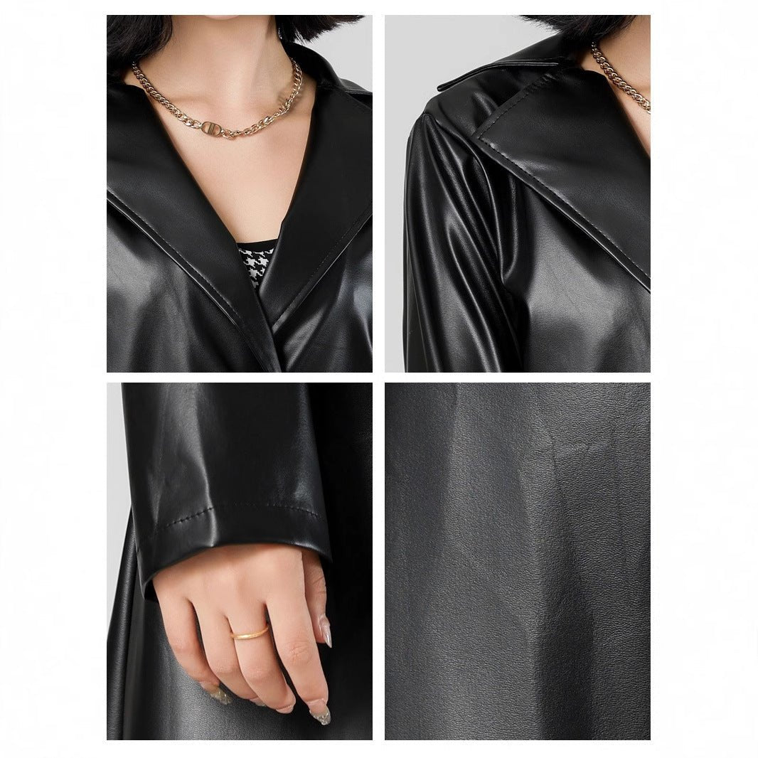 2025 extended trench coat spring and autumn anti - wrinkle fashion women's leather jacket - Negative Apparel