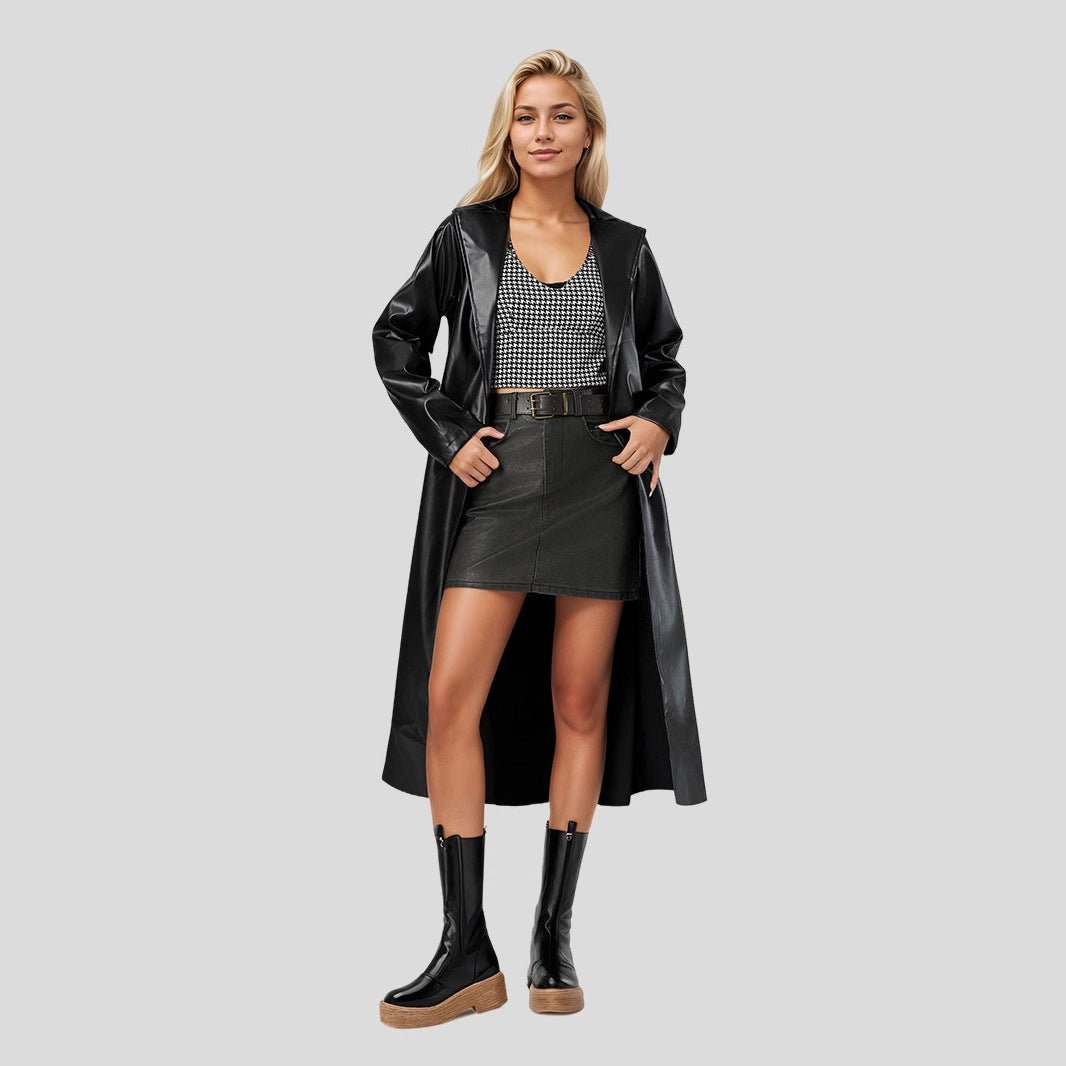 2025 extended trench coat spring and autumn anti - wrinkle fashion women's leather jacket - Negative Apparel