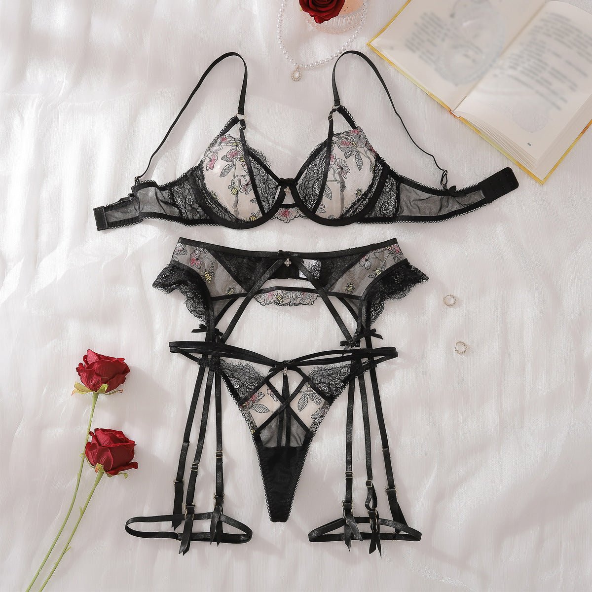 2025 heavy craftsmanship lotus embroidery steel ring gathering body sculpting adjustment sexy underwear split set - Negative Apparel