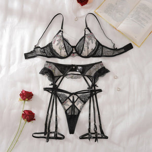2025 heavy craftsmanship lotus embroidery steel ring gathering body sculpting adjustment sexy underwear split set - Negative Apparel