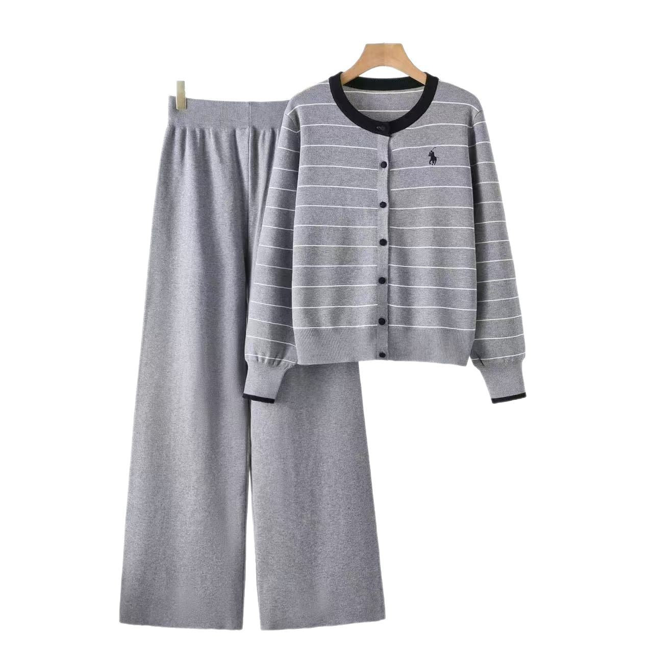 2025 Korean version of spring high - end temperament versatile foreign - style striped knitted top high - waisted casual pants two - piece set - Negative Apparel