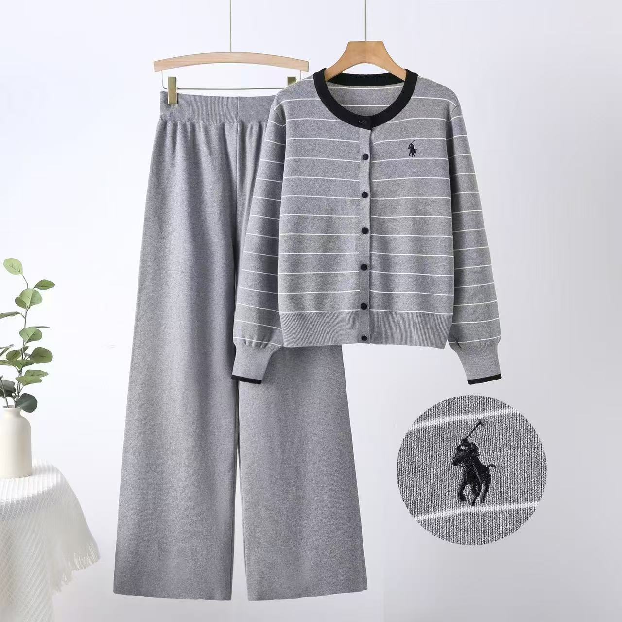 2025 Korean version of spring high - end temperament versatile foreign - style striped knitted top high - waisted casual pants two - piece set - Negative Apparel