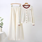 2025 Korean version of spring high - end temperament versatile foreign - style striped knitted top high - waisted casual pants two - piece set - Negative Apparel