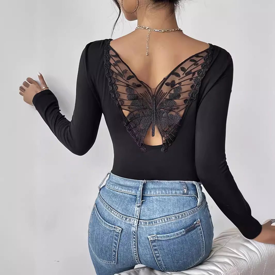 2025 new elegant back hollow sticker Hu Die lace long - sleeved solid color T-shirt slim top - Negative Apparel