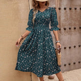 2025 New Elegant Floral Long Dress Women's V - neck Back Waist Elastic Band A - line Short Sleeve Dress - Negative Apparel