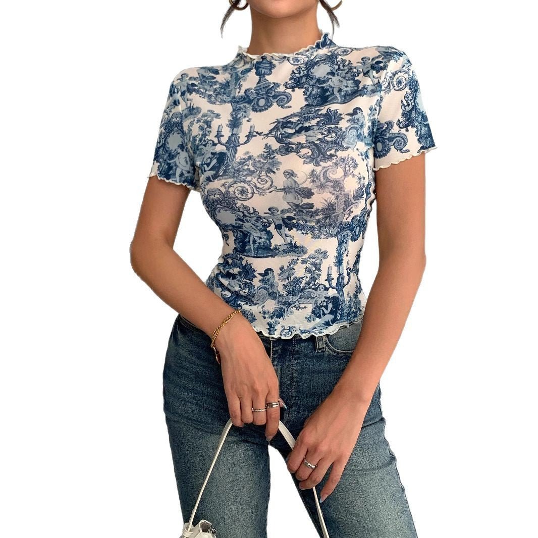 2025 new elegant mesh printing fungus edge short - sleeved T-shirt slim top women - Negative Apparel