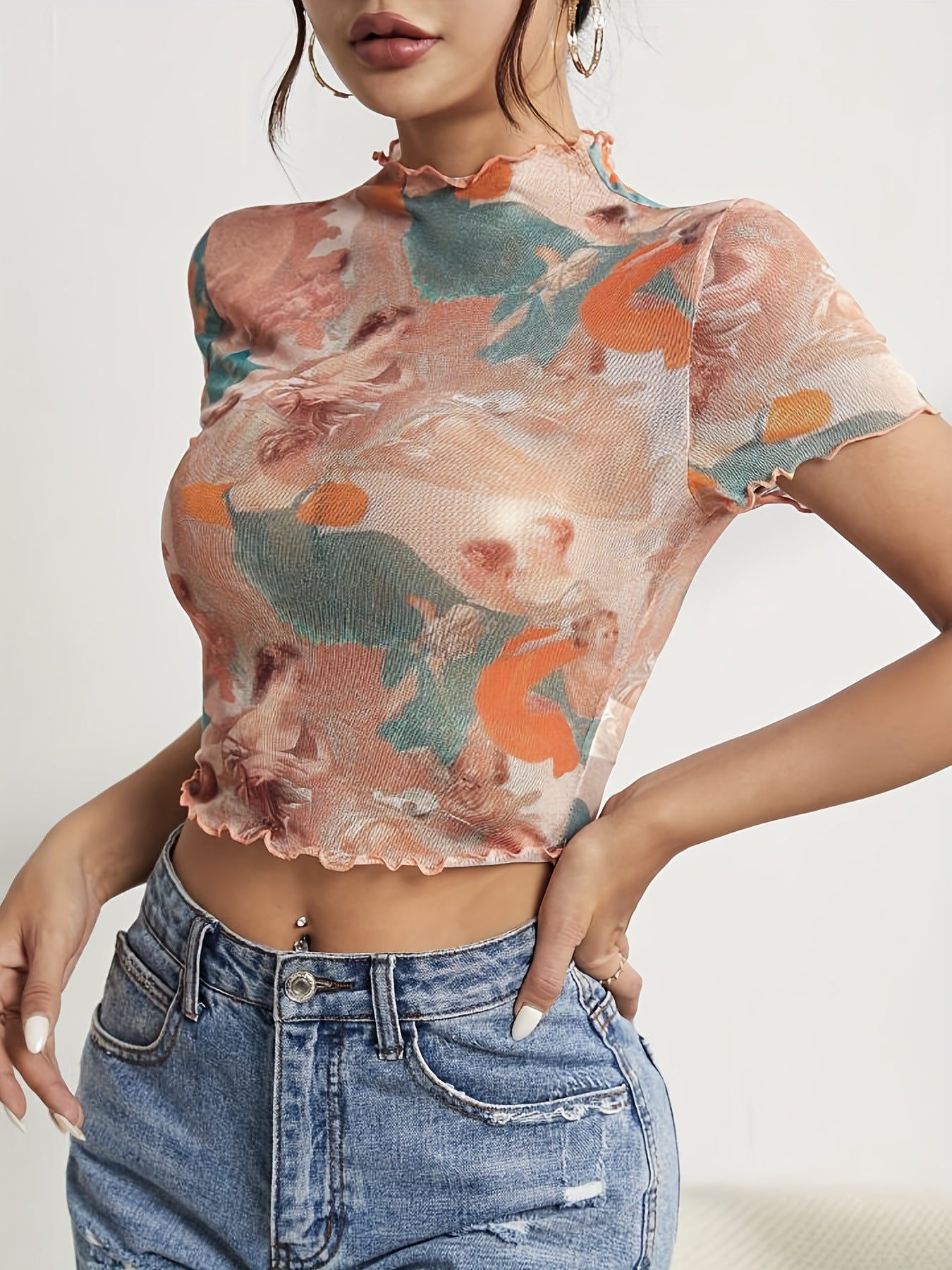 2025 new elegant mesh printing fungus edge short - sleeved T-shirt slim top women's clothing - Negative Apparel