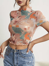 2025 new elegant mesh printing fungus edge short - sleeved T-shirt slim top women's clothing - Negative Apparel