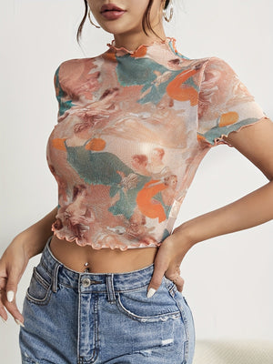 2025 new elegant mesh printing fungus edge short - sleeved T-shirt slim top women's clothing - Negative Apparel