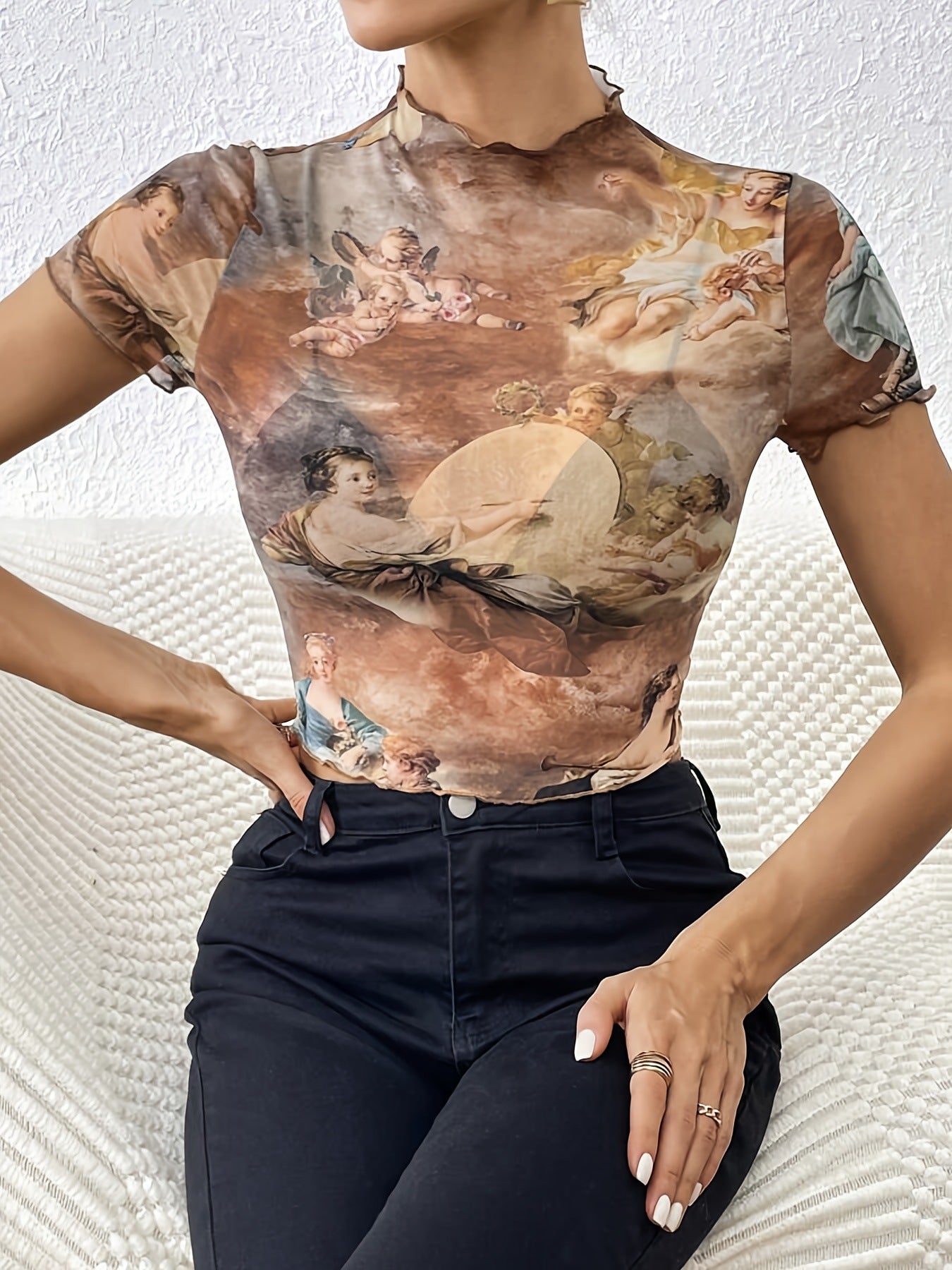 2025 new elegant mesh printing fungus edge short - sleeved T-shirt slim top women's clothing - Negative Apparel