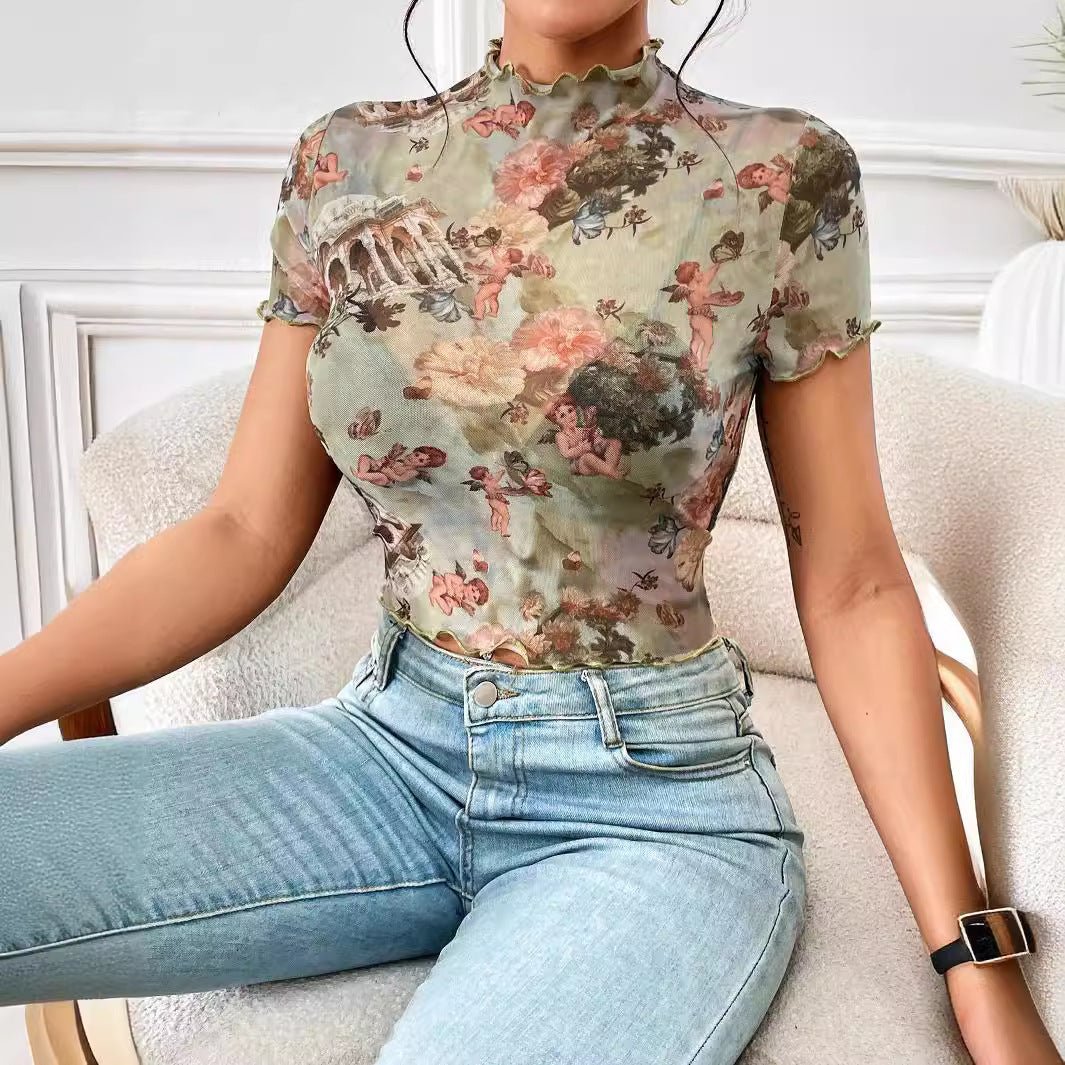 2025 new elegant mesh printing fungus edge short - sleeved T-shirt slim top women's clothing - Negative Apparel